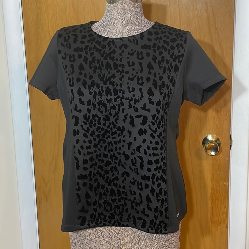Calvin Klein Womens Petite XL PXL Black Short Sleeve Blouse Soft Animal Print